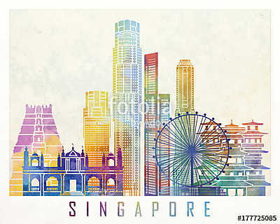 Singapore landmarks watercolor poster (keretezett kép) - vászonkép, falikép otthonra és irodába