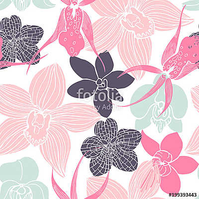 Hand drawn orchids.Vector  seamless pattern (többrészes kép) - vászonkép, falikép otthonra és irodába