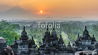 Sunrise panorama of Mount Merapi, Borobudur valey covered with m (keretezett kép) - vászonkép, falikép otthonra és irodába