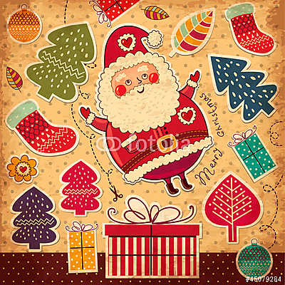 Karácsonyi illusztráció a vicces Mikulásmal (többrészes kép) - vászonkép, falikép otthonra és irodába