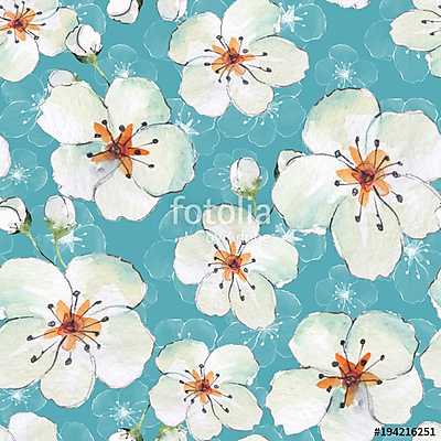 Floral seamless pattern 3. Watercolor background with white flow (keretezett kép) - vászonkép, falikép otthonra és irodába