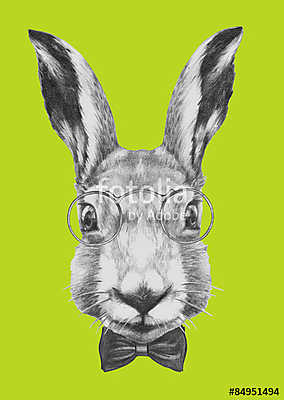 Original drawing of Rabbit with glasses and bow tie. Isolated on (többrészes kép) - vászonkép, falikép otthonra és irodába