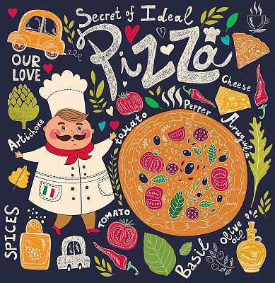 Pizza design menü szakácsnővel (poszter) - vászonkép, falikép otthonra és irodába