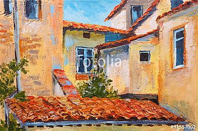 Mediterrán ház tetők (olajfestmény reprodukció) (keretezett kép) - vászonkép, falikép otthonra és irodába