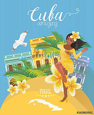 Kuba látványosság és látnivalók - utazási képeslap fogalom. Vect (bögre) - vászonkép, falikép otthonra és irodába