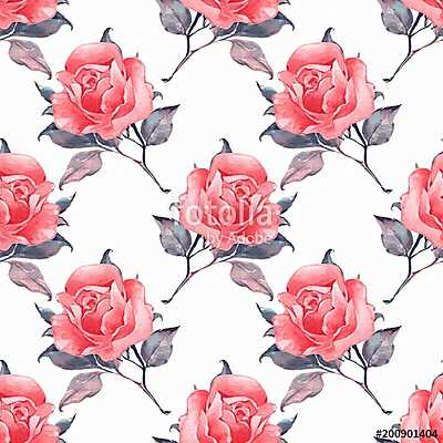 Floral seamless pattern. Watercolor background with red roses (fotótapéta) - vászonkép, falikép otthonra és irodába