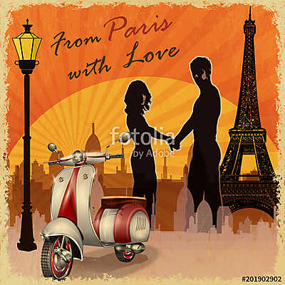 Romantic background. Happy young lovers  in  Paris. (keretezett kép) - vászonkép, falikép otthonra és irodába