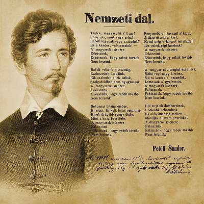 Petőfi Sándor arcképe a Nemzeti dal nyomtatott kiadásának képével és dedikálásával (fotótapéta) - vászonkép, falikép otthonra és irodába