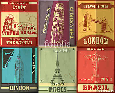 Vintage Travel plakáttervezés (többrészes kép) - vászonkép, falikép otthonra és irodába
