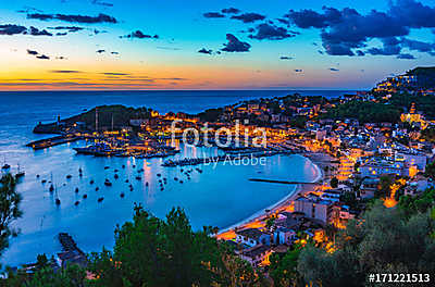 Beautiful sunset at the bay of Port de Soller Majorca island, Sp (vászonkép óra) - vászonkép, falikép otthonra és irodába