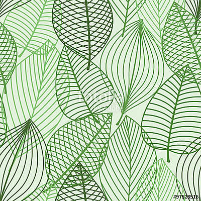 Green foliage seamless pattern of outline leaves (bögre) - vászonkép, falikép otthonra és irodába