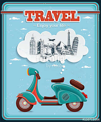 Vintage Travel scooter plakáttervezés (bögre) - vászonkép, falikép otthonra és irodába