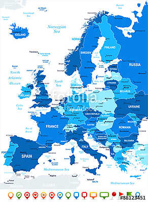 Európa térkép - nagyon részletes vektoros illusztráció. A kép ta (többrészes kép) - vászonkép, falikép otthonra és irodába