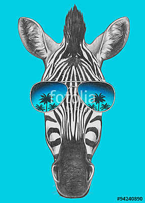 Portrait of Zebra with mirror sunglasses. Hand drawn illustratio (bögre) - vászonkép, falikép otthonra és irodába