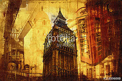 London oil art illustration (vászonkép óra) - vászonkép, falikép otthonra és irodába