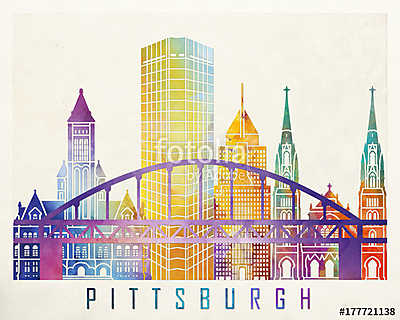 Pittsburgh landmarks watercolor poster (keretezett kép) - vászonkép, falikép otthonra és irodába