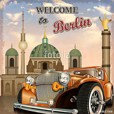 Welcome to Berlin retro poster. (vászonkép óra) - vászonkép, falikép otthonra és irodába