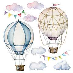 Retro hőlégballonok felhőkkel (keretezett kép) - vászonkép, falikép otthonra és irodába