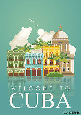 Kuba látványosság és látnivalók - utazási képeslap fogalom. Vect (fotótapéta) - vászonkép, falikép otthonra és irodába