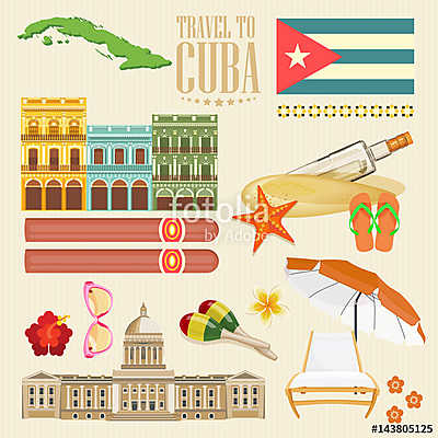Kuba látványosság és látnivalók - utazási képeslap fogalom. Vect (többrészes kép) - vászonkép, falikép otthonra és irodába