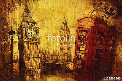 London oil art illustration (vászonkép óra) - vászonkép, falikép otthonra és irodába