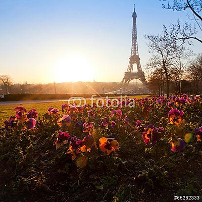 virágok az Eiffel-torony közelében, Párizs, Franciaország (keretezett kép) - vászonkép, falikép otthonra és irodába