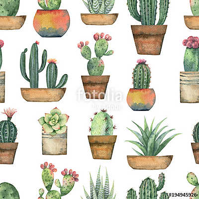 Watercolor seamless pattern of cacti and succulent plants isolat (bögre) - vászonkép, falikép otthonra és irodába