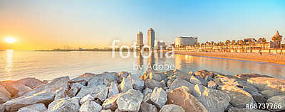 Barceloneta Beach in Barcelona at sunrise (fotótapéta) - vászonkép, falikép otthonra és irodába