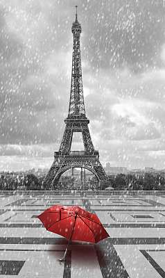 Eiffel-torony az esőben. Fekete-fehér fénykép piros elemekkel (bögre) - vászonkép, falikép otthonra és irodába