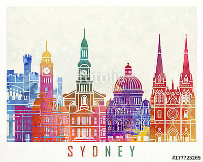 Sydney landmarks watercolor poster (keretezett kép) - vászonkép, falikép otthonra és irodába