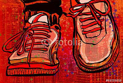Kosárlabda cipő egy grunge város háttérén (bögre) - vászonkép, falikép otthonra és irodába
