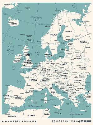 Európa térkép - Vintage vektoros illusztráció (keretezett kép) - vászonkép, falikép otthonra és irodába