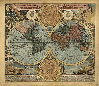 Antik világtérkép, 18. század (keretezett kép) - vászonkép, falikép otthonra és irodába