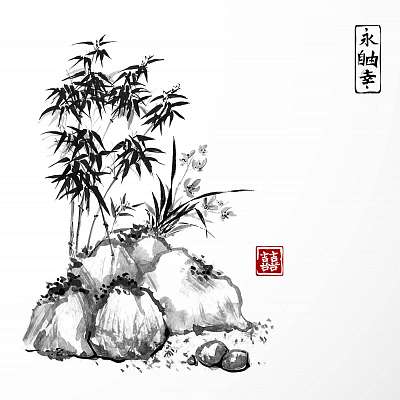 Kis bambuszfa és vad orchidea a sziklákon. A hagyományos japánok (bögre) - vászonkép, falikép otthonra és irodába