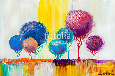 Absztrakt stílusú színes fák (olajfestmény reprodukció) (többrészes kép) - vászonkép, falikép otthonra és irodába