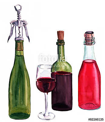Boros palackok, pohárral fehér háttéren (akvarell) (fotótapéta) - vászonkép, falikép otthonra és irodába