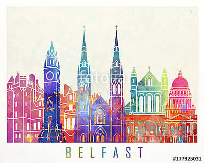 Belfast landmarks watercolor poster (keretezett kép) - vászonkép, falikép otthonra és irodába
