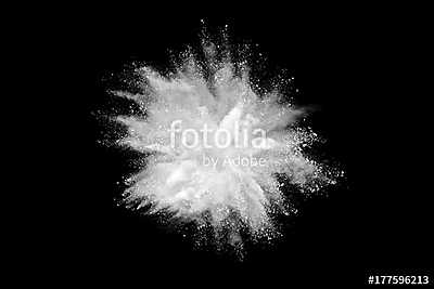 Freeze motion of white powder explosions isolated on black background (poszter) - vászonkép, falikép otthonra és irodába