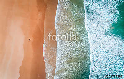 Aerial view of a man walking along a beach in Asturias (keretezett kép) - vászonkép, falikép otthonra és irodába