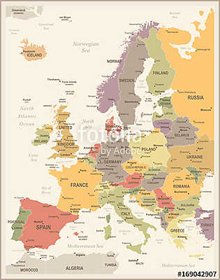 Európa térkép - Vintage vektoros illusztráció (fotótapéta) - vászonkép, falikép otthonra és irodába