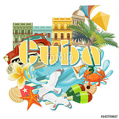 Kuba látványosság és látnivalók - utazási képeslap fogalom. Vect (fotótapéta) - vászonkép, falikép otthonra és irodába