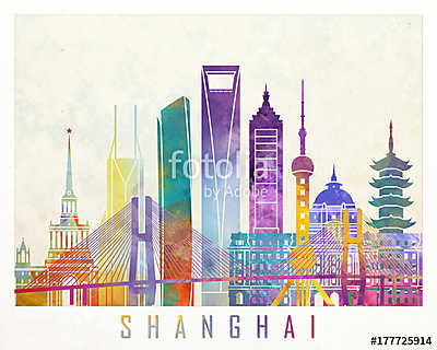 Shanghai landmarks watercolor poster (poszter) - vászonkép, falikép otthonra és irodába