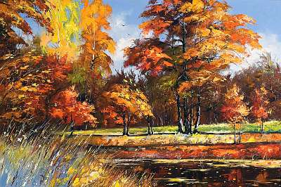 Autumn landscape on the bank of the river (keretezett kép) - vászonkép, falikép otthonra és irodába