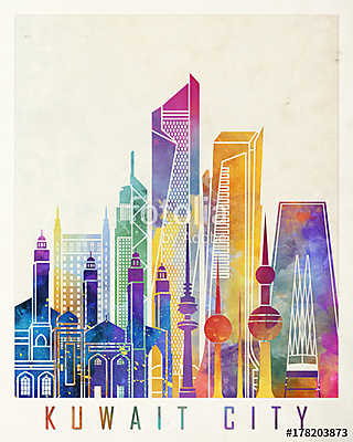 Kuwait city landmarks watercolor poster (többrészes kép) - vászonkép, falikép otthonra és irodába