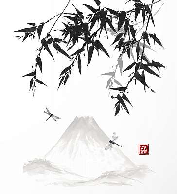 Bambusz, szitakötők és hegyek, kézzel húzott tintával tradit (poszter) - vászonkép, falikép otthonra és irodába