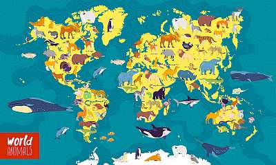 Világtérkép az óceánokkal, kontinensekkel és helyi állatokkal (poszter) - vászonkép, falikép otthonra és irodába