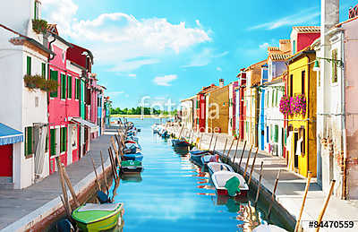 Narrow canal és színes házak Burano, Olaszország. (többrészes kép) - vászonkép, falikép otthonra és irodába