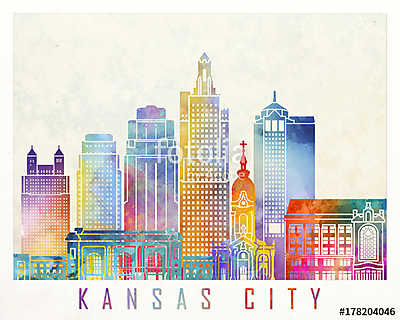 Kansas City landmarks watercolor poster (keretezett kép) - vászonkép, falikép otthonra és irodába