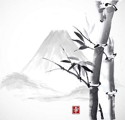 Bambusz és hegyek, kézzel festett tintával  (keretezett kép) - vászonkép, falikép otthonra és irodába
