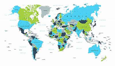 Világtérkép Politikai Kék Zöld Barna Vektor (fotótapéta) - vászonkép, falikép otthonra és irodába
